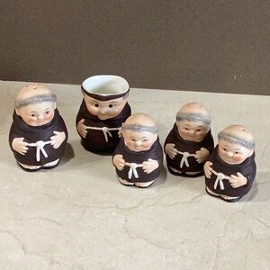 Friar Tuck Goebel Germany creamer, pepper and 3 salt shakers